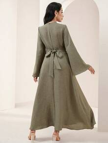 Veilorie New Design Wrap Tie Waist Casual Striped Dress, Versatile For Daily Wear And Vacation - Army Green - View 7