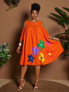 Maweii Summer Off-Shoulder Round Neck Cartoon Floral Casual Vacation Dress - Orange - View 4