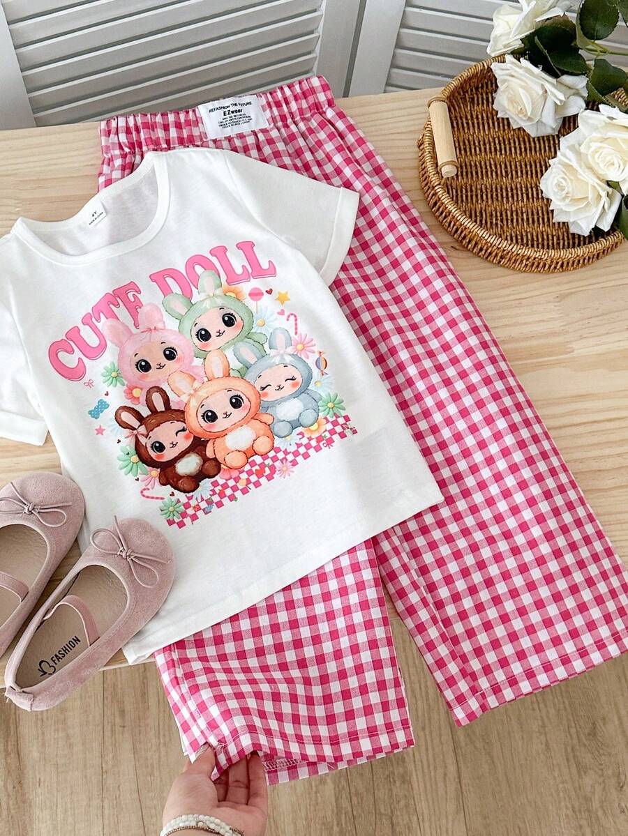 Genkimix Kids 2 peças/Conjunto Camiseta de Manga Curta com Estampa de Coelho para Meninas Jovens & Calça Xadrez Vermelha Solta de Perna Reta, Roupas de Algodão para Meninas - Branco - Visão 1