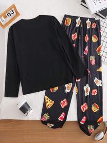 SHEIN 青少年男孩趣味食物图案印花长袖上衣和裤子休闲两件套睡衣 - 黑色 - 查看 2