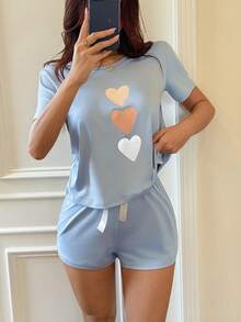 Dream Adore Bộ đồ ngủ 3 món tay ngắn và quần short in hình trái tim, kiểu dáng thường ngày. - Màu xanh lam - Xem 5