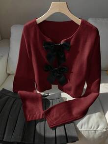 Comfortcana Plus Size Crew Neck Bow Contrast Color Casual Cardigan, Autumn/Winter