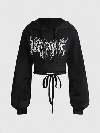 Grunge Punk Y2K Sexy Babe Lightning English Print Backless Cropped Hoodie Sweatshirt For Women