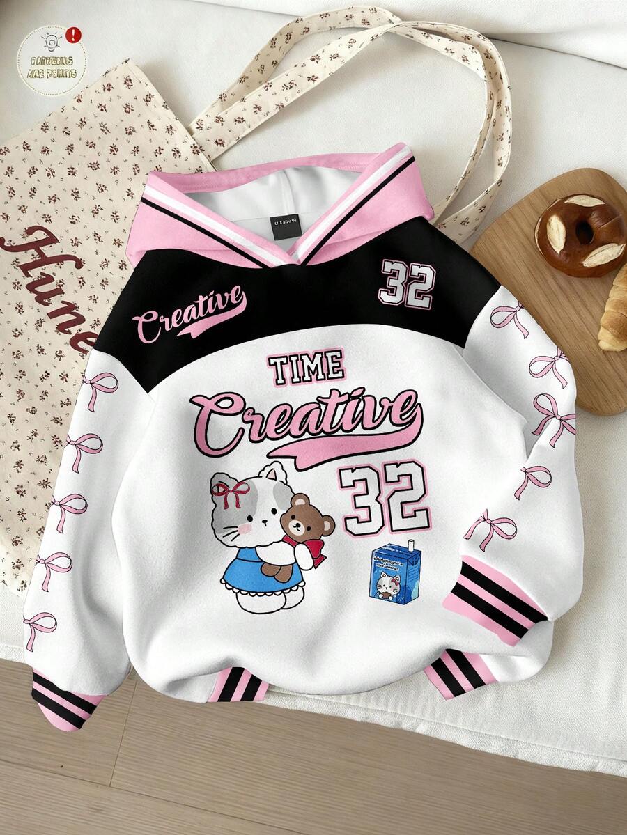 Attitoon Áo sweatshirt in hình mèo hoạt hình tối giản, phong cách thường ngày, thích hợp cho mùa thu/đông, có nơ trang trí. - Nhiều màu - Xem 1