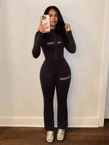 Slaydiva Casual Basic High Elasticity Slim Fit Long Sleeve Zipper Top & Pants Women's 2pcs Set, Autumn - Coffee Brown - View 1