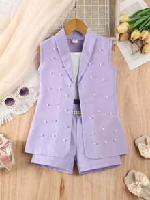 SHEIN Elladie kids 3pcs Young Girls Pink Blazer, Camisole, And Pearl Shorts Set, Casual Elegant Summer Outfit Girls Blazer Set Shorts Suit For Girls Tweens Dress Blazer Set - Purple - View 3