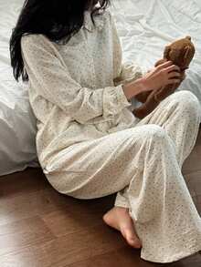 DAZY Cute Polka Dot Peter Pan Collar Women Pajama Set - Beige - View 6