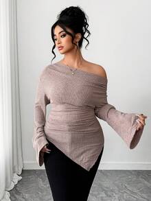 SHEIN Tall CURVE 大码优雅柔软绒毛针织喇叭袖T恤，适合高个女性 - 淺粉色 - 查看 8