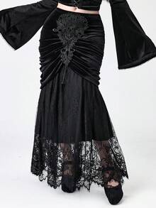 ROMWE EDITION Váy cỡ lớn dành cho nữ, kiểu dáng cổ điển Gothic lãng mạn, chất liệu nhung và ren tương phản. - màu đen - Xem 1