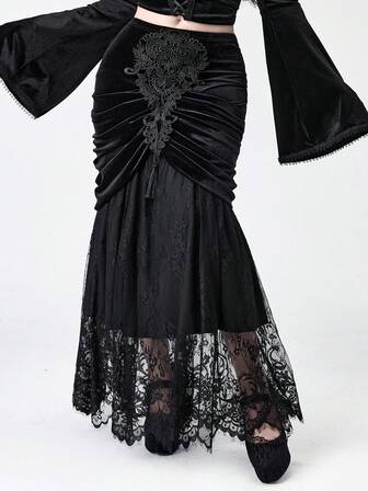 EDITION Gonna vintage gotica romantica in velluto e pizzo a contrasto per taglie forti