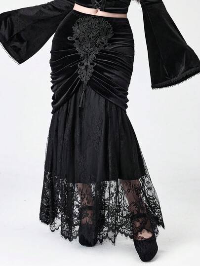 EDITION Jupe gothique vintage romantique en velours et dentelle contrastée pour grandes tailles
