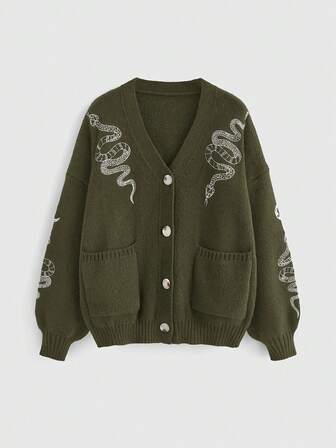 Cardigan ample à col en V avec broderie de serpent et de lune gothique, grande taille