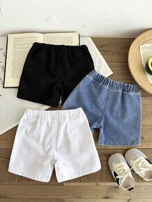 SHEIN LMoss Kids 3件套男婴柔软水洗休闲牛仔短裤套装，蓝/黑/白三色可选，适合春夏穿着，日常穿着、街头风、沙滩装、生日装、休闲牛仔裤、度假装，印花牛仔裤，三件套，2岁宝宝三件套，夏季三件套 - 彩色 - 查看 2