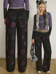 Shutterstock Y2Kool Women's Loose Straight Leg Y2K Sexy Casual Jeans With Black, Pink & Money Print Gyaru Pattern Pants Emo Printed Pants Springs Women Birthday For Women Carnival - Black - View 4