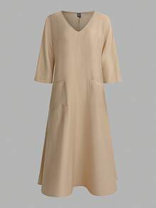 SHEIN Holidaya Summer New V-Neck Linen-Like Casual Loose Dress - Apricot - View 3