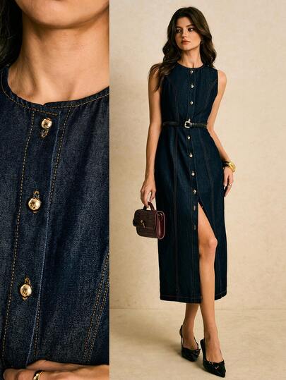 Poéselle Women's Fashion Front Button Sleeveless Denim Dress, Suitable For Commuting Summer Dresses For Women Denim Midi Dress Women Denim Dresses Casual Midi Dress Curve Denim Dress Denim Button-Down Dress Denim Dress For Women