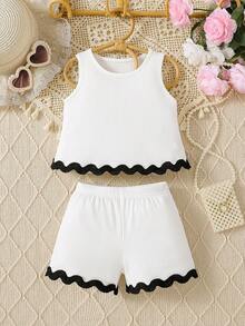 2pcs Baby Girl Summer Casual Vacation Outfit,Black And White Contrast Ribbed Knit Tank Top & Shorts Set With Scallop Trim,Two Pieces Clothes - White - View 1