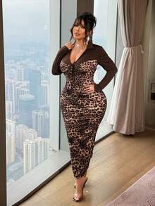 NU&NOW Đầm dài tay ôm dáng thời trang, phối họa tiết da báo, thắt nơ phía trước, dành cho nữ cỡ lớn. - màu đen - Xem 3