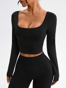 Dewbera 女士时尚优雅性感露背交叉U领短款修身运动长袖T恤，春秋季 - 黑色 - 查看 3
