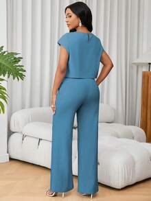 SHEIN LUNE 法式圆领短袖休闲上衣和高腰阔腿裤两件套女装 - 霧霾藍 - 查看 2