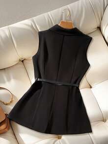 INAWLY Plus Size Women Solid Color Lapel NeckSleeveless Fitted Blazer Jacket - Black - View 2