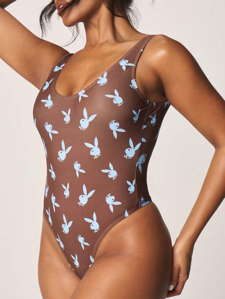 Missguided x Playboy Beach One Piece Bunny Print V Neck Regular Strap Swimsuit With Padded Bust Support And Full Coverage Bottom