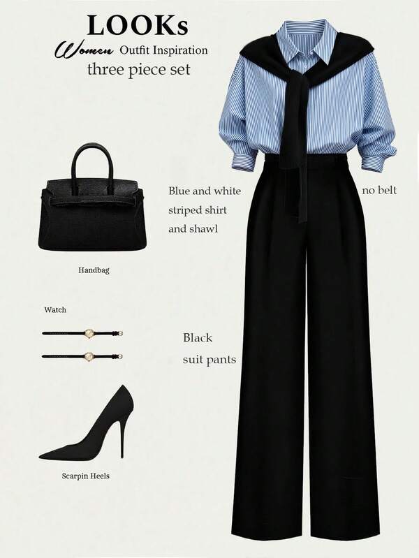 Franclia Plus Size Women New Autumn/Winter/Spring Casual Commuter Versatile Fashion Outfit, Includes: Blue & White Striped Shawl, Women Casual Shirt, High Waist Wide Leg Pants, Black Pants, Women 2-Piece Suit, Women Autumn Outfit, Women Casual Set, Maija Autumn/Winter 2025 Women Apparel, Maija Autumn/Winter Women Set, Women 2-Piece Set Corporate Outfit Work Outfits Work Outfit Office Wear Business Casual