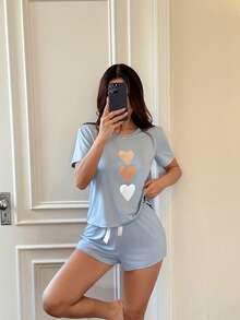 Dream Adore Bộ đồ ngủ 3 món tay ngắn và quần short in hình trái tim, kiểu dáng thường ngày. - Màu xanh lam - Xem 3