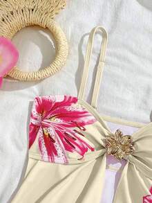 SHEIN 少女碎花吊带比基尼两件式泳衣，适合春夏假期穿着 - 彩色 - 查看 3