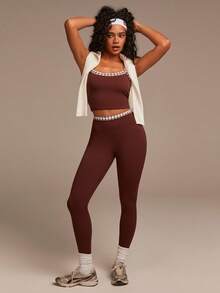Athîral Women's Brown Houndstooth Patchwork Camisole And Leggings 2-Piece Casual Sportswear Set, Brown Tank Top And Pants Set,Suitable For Loungewear, Sports And Outdoor Wear, Yoga Top,Women's Gym Clothes,Female Gym Wear,Gym Clothes,Women's Gym Set,Women's Gym Clothing,Casual Brown Set - Multicolor - View 3