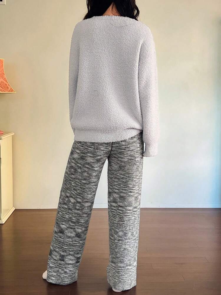 2pcs Ink Texture Wide Leg Pants & Knit Pajama Set, Winter Home Wear