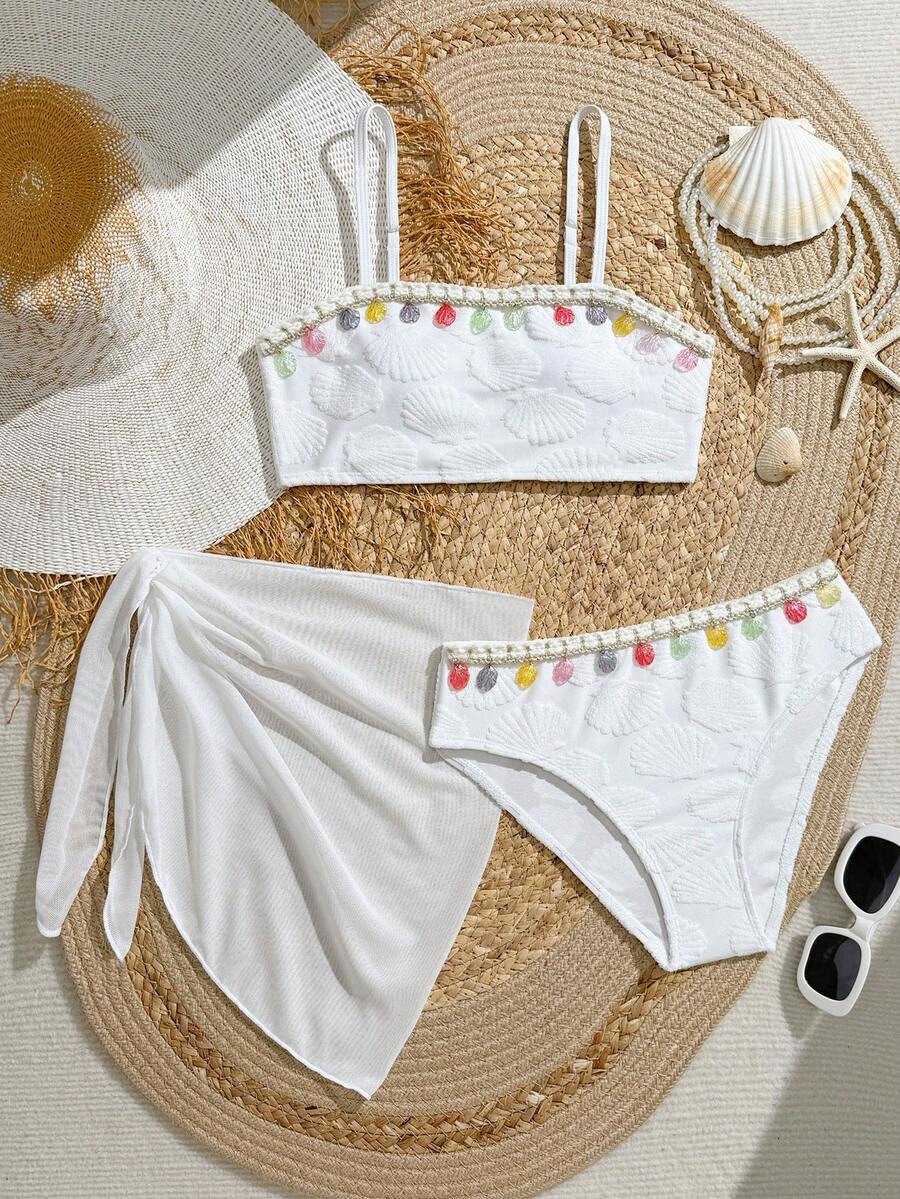 SHEIN Tween Girls' Summer Beach Vacation Shell & Starfish Woven Strap Bikini Set - White - View 1