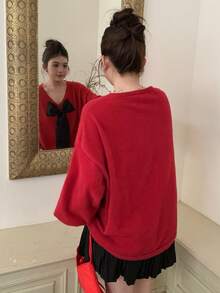 Dazy Plus Fashionable Red New Year & Christmas Patchwork Big Bow V-Neck Sexy & Casual Loose Pullover Sweater, Autumn/Winter - Red - View 3