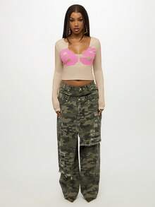 SUMWON WOMEN Long Sleeve V Neck Cotton Crop Top With Abstract Bra Print Design Fall Winter Layering Piece - Beige - View 3