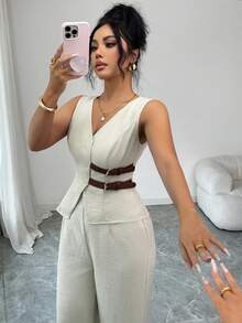 SHEIN Elenzya 女士优雅无袖皮带扣装饰西装背心和裤子套装，商务通勤风格，适合春夏穿着，教师装、办公室服装、返校季、约会、度假、通勤，优雅复古春季套装 - 灰色 - 查看 4