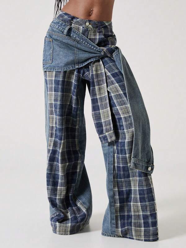 ROMWE J-Fashion Quần jean denim nữ phong cách retro punk đường phố, phối nhiều mảnh vải, buộc dây.