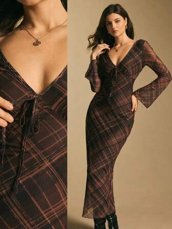 Poéselle Brown Plaid Sheer Maxi Dress For Women,Vintage Plaid Sheer Long Sleeve Maxi Dress For Women, Deep V-Neck Slim Fit Evening Dress,Women's V-Neck Long Flare Sleeve Plaid Tie Waist Slim Dress,Plaid Maxi Dress, Sheer Long Sleeve Dress, Vintage Inspired Dress, Fall Maxi Dress Women, Slim Fit Evening Dress, Date Night Dress Women, Boho Plaid Dress, Fall Outfits Women, Pinterest Maxi Dress Styles