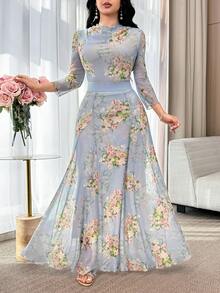 Feyla Bộ đồ 2 món thanh lịch dành cho nữ: Áo tay lửng cổ xếp ly in hoa và chân váy midi. - trắng - Xem 3