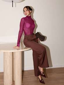Bris Aura Women's Burgundy High Neck Long Sleeve Pullover, Elegant And Sophisticated Urban Casual Business Attire, Understated Luxury Style, High-Quality Office Wear, Versatile For All Seasons, Suitable For Parties, Christmas And More Sheer Long Sleeve Top Burgundy Blouse Wine Red Top Bell Sleeves Sheer Tops For Women Modern Urban Casual Fashion Business Casual Women's Office Wear Low-Key Old Money Style Effortless Temperament High-End Urban Commuting High-Quality Airport Women's Wear New Year Formal - Burgundy - View 4