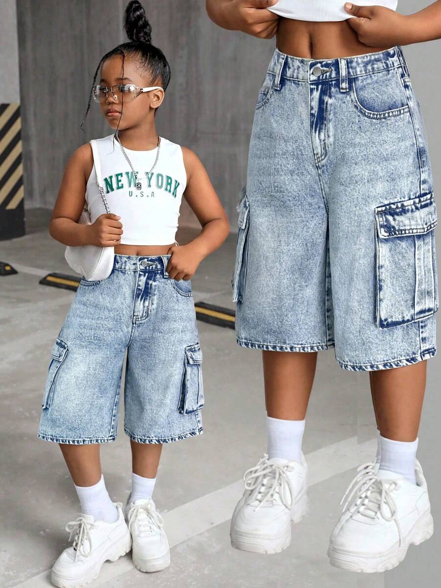SHEIN 适合青少年女孩的超大复古蓝色牛仔短裤 - 淺色水洗藍 - 查看 1