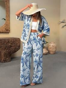 EURMUSE 女士蓝色花卉和服高腰裤套装 – 七分袖，宽松版型，粘胶纤维面料，优雅度假套装 - 藍白色 - 查看 4