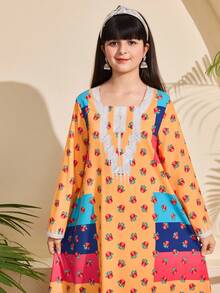 SHEIN Kleid mit Blumen-Kontrastfarbdruck rundum, dickes weiches 4-Wege-Stretchgewebe, elegante traditionelle arabische Kleidung Abaya - Verschiedenfarbig - Übersicht 5