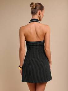 COSMINA Women's Elegant V-Neck Cinched Waist Mini Dress, Spring/Summer Black Pinstripe Dress, Black Dress Summer, Black Vacation Dress Deep V Neck Dress - Black - View 2