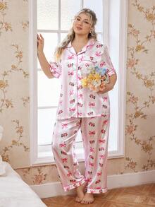 CottageSlumber Bộ đồ ngủ cỡ lớn bằng lụa giả in họa tiết hoa lãng mạn, nơ, ren và sọc. - Hồng - Xem 4