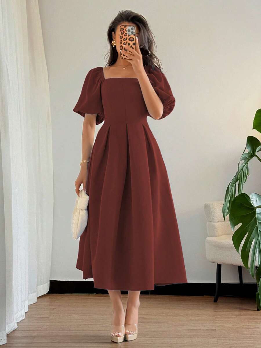 Elenzga Đầm nữ thanh lịch, tối giản, màu trơn, cổ tròn, viền bèo nhún, dáng chữ A, tay phồng, phù hợp đi làm, công sở, kinh doanh, dạo phố, du lịch, tiệc trà chiều, tiệc tùng. - Rỉ Nâu - Xem 1