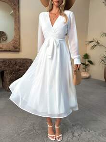 EURMUSE Wrap Neckline Long Sleeve Midi Dress - White - View 7