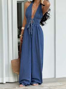 Sunnyshic Women's Fashion Backless Halter Denim Jumpsuit - Blue - View 6