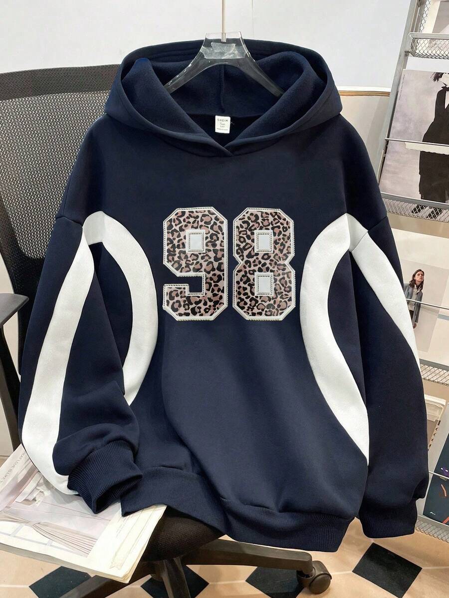 SHEIN 少女撞色字母豹纹图案宽松休闲卫衣，秋冬女童服装 - 寶藍色 - 查看 1