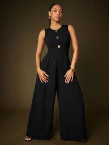 Vixey Solid Black Button Up Sleeveless Pleated Wide Leg Jumpsuit - Black - View 2