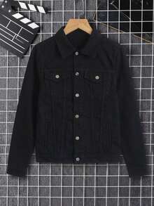 Chaqueta de mezclilla para hombre, lavado vintage, botones clásicos, estilo urbano casual, ideal para uso diario - Negro - Ver 2